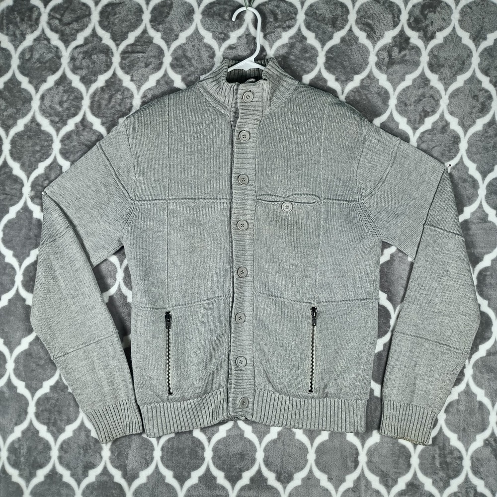 Quilt Lined Cardigan Sweater Men Small Gray Full Button Knit Jacket Fisheran